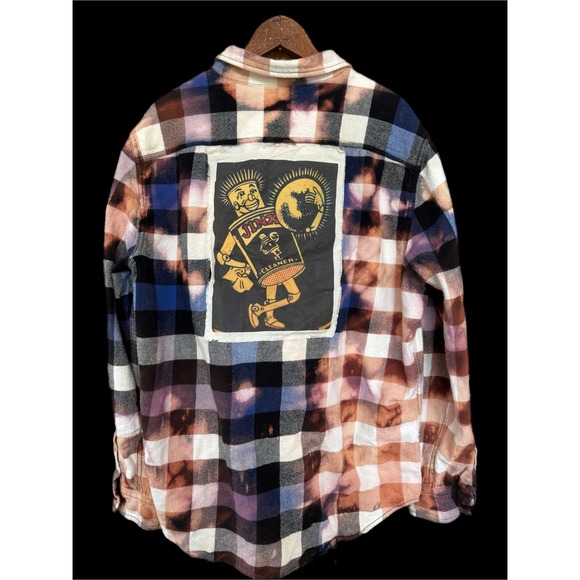 American Eagle Outfitters Tops - Distressed Upcycled Grunge Flannel Bleach Dye Jinx Patch Folk Art Shirt XL